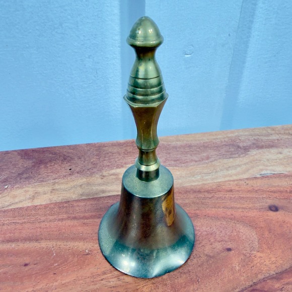 Vintage Solid Brass Hand Bell Made in India 6 Inch Tall Ornate Handle Gold Tone - Picture 2 of 8